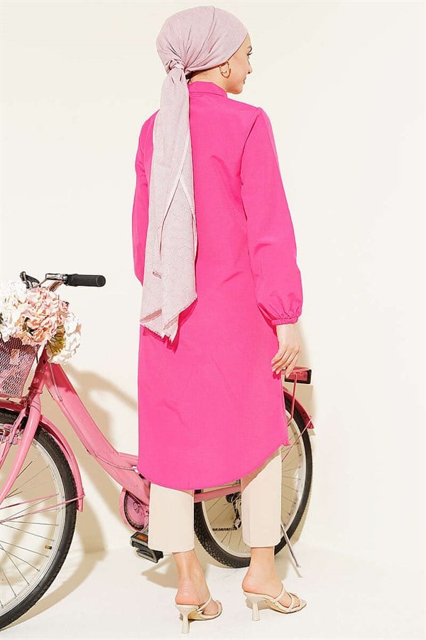 Shirt Collar Single Pocket Long Shirt Fuchsia