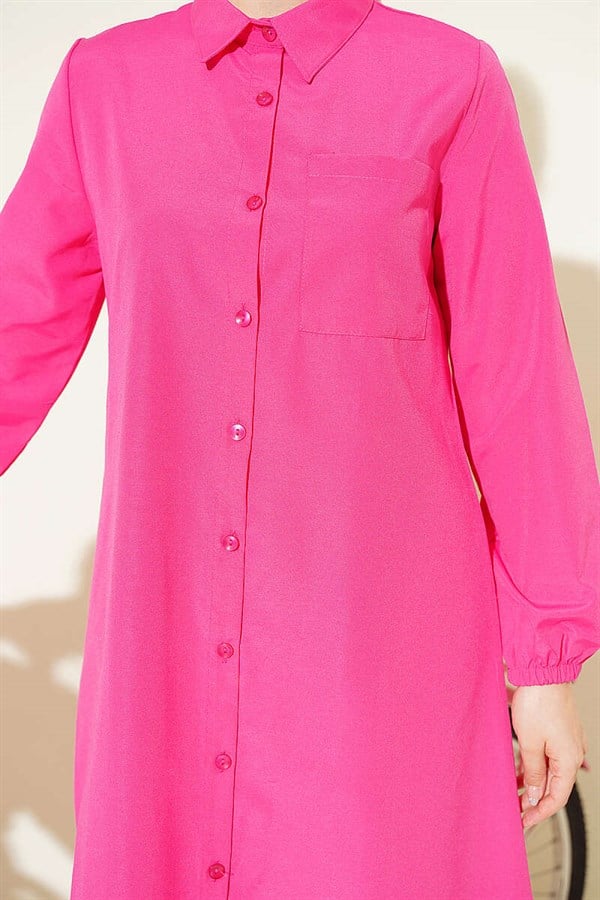 Shirt Collar Single Pocket Long Shirt Fuchsia