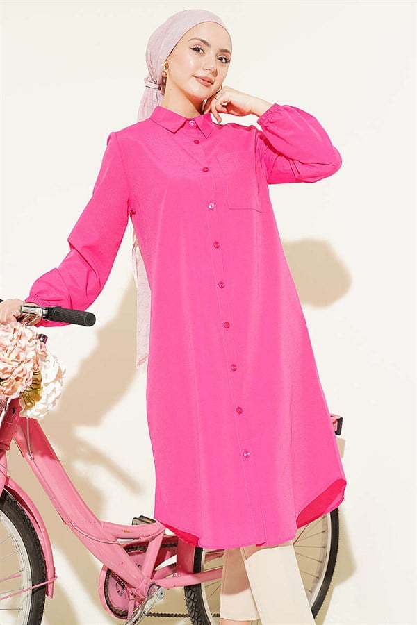 Shirt Collar Single Pocket Long Shirt Fuchsia