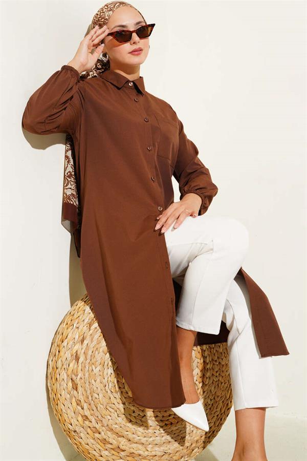 Shirt Collar Single Pocket Long Shirt Brown