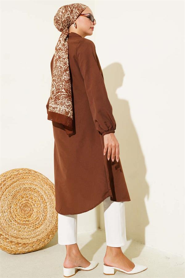 Shirt Collar Single Pocket Long Shirt Brown
