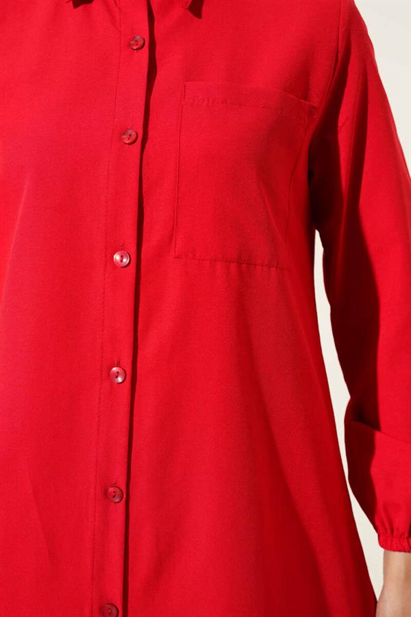 Shirt Collar Single Pocket Long Shirt Red
