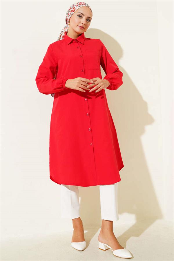 Shirt Collar Single Pocket Long Shirt Red