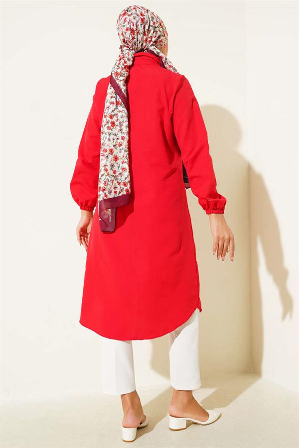 Shirt Collar Single Pocket Long Shirt Red