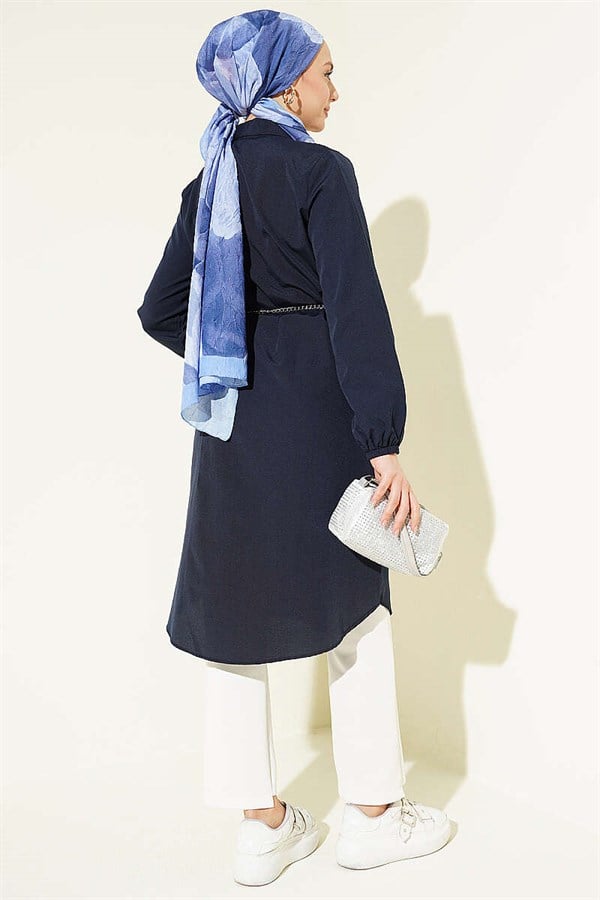 Shirt Collar Single Pocket Long Shirt Navy Blue