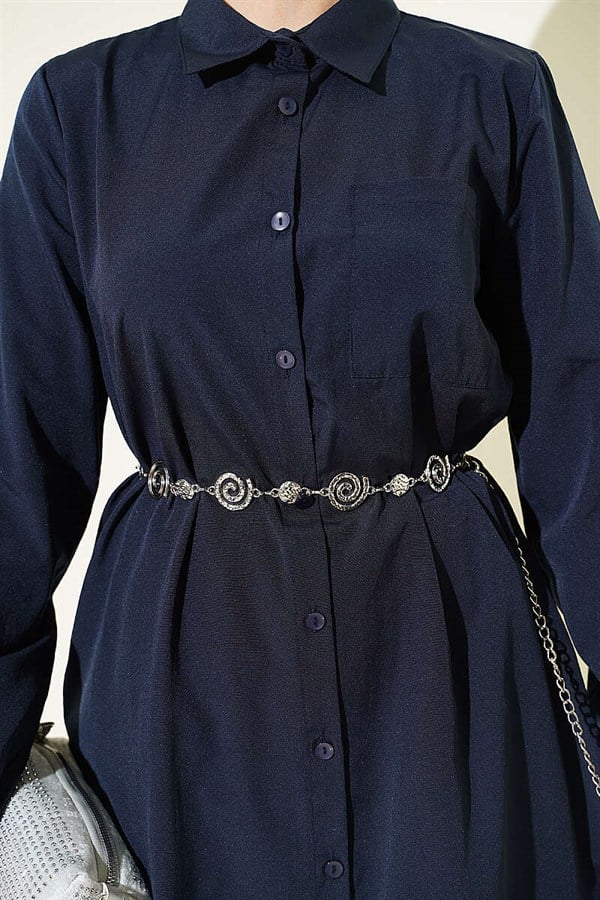 Shirt Collar Single Pocket Long Shirt Navy Blue