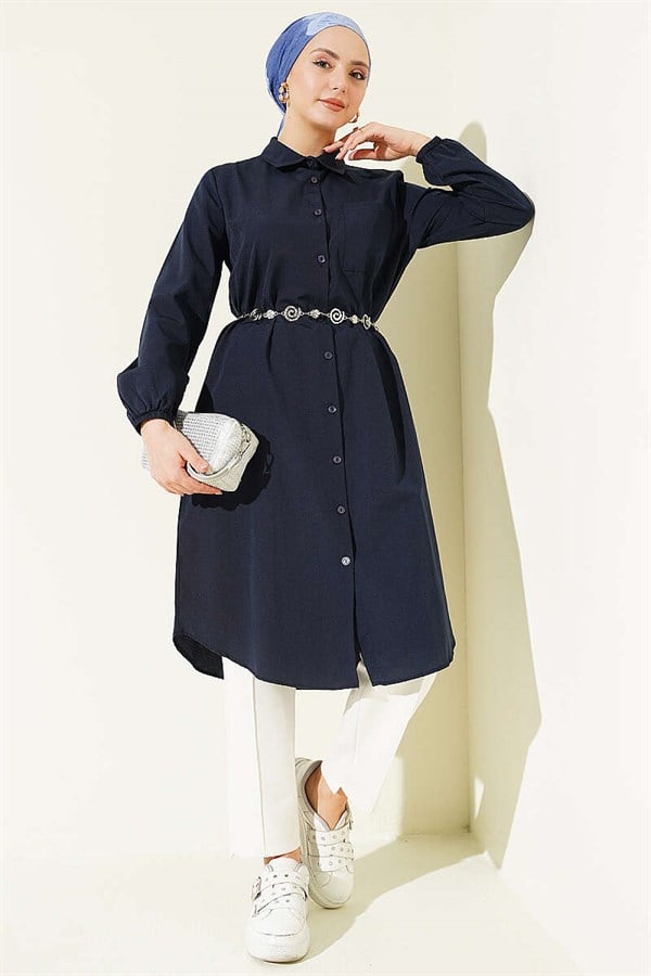 Shirt Collar Single Pocket Long Shirt Navy Blue