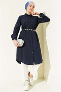 Shirt Collar Single Pocket Long Shirt Navy Blue