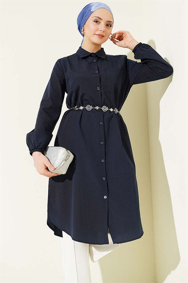 Shirt Collar Single Pocket Long Shirt Navy Blue