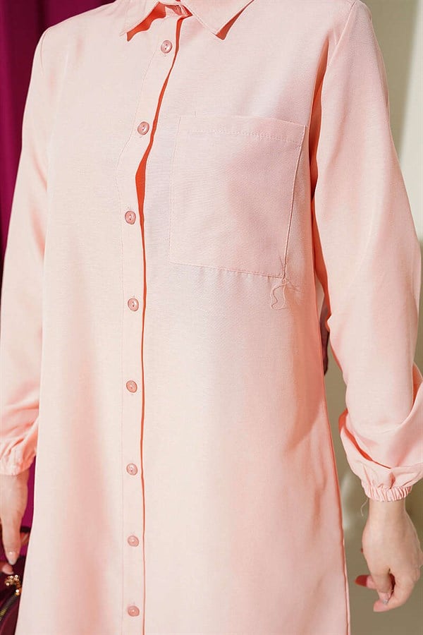 Shirt Collar Single Pocket Long Shirt Powder Pink