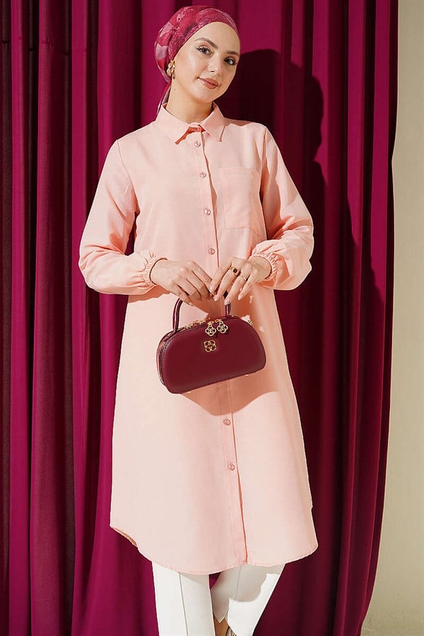 Shirt Collar Single Pocket Long Shirt Powder Pink
