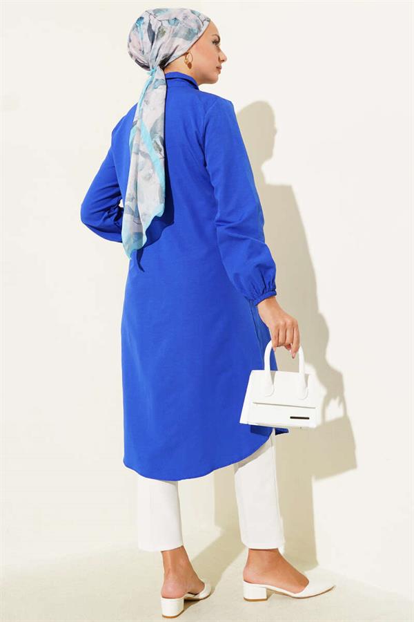 Shirt Collar Single Pocket Long Shirt in Saxe