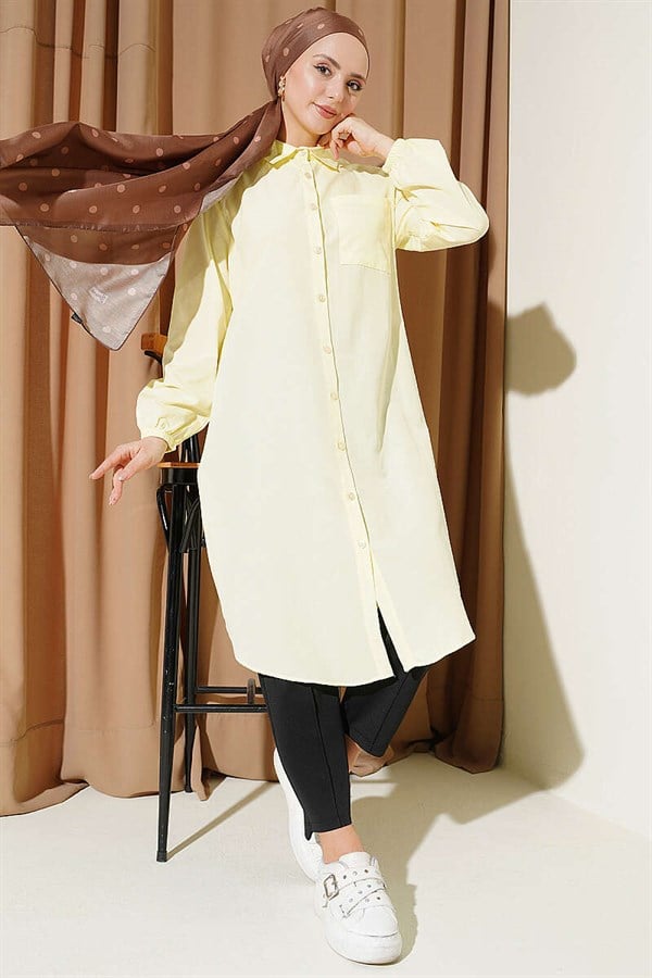 Shirt Collar Single Pocket Long Shirt Yellow