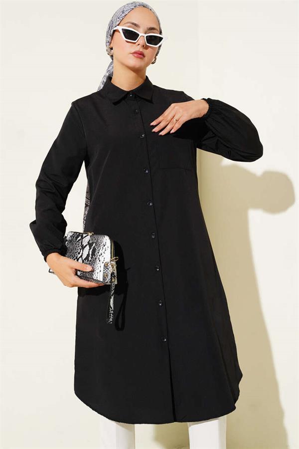 Shirt Collar Single Pocket Long Shirt Black