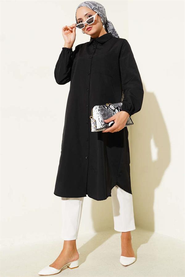 Shirt Collar Single Pocket Long Shirt Black