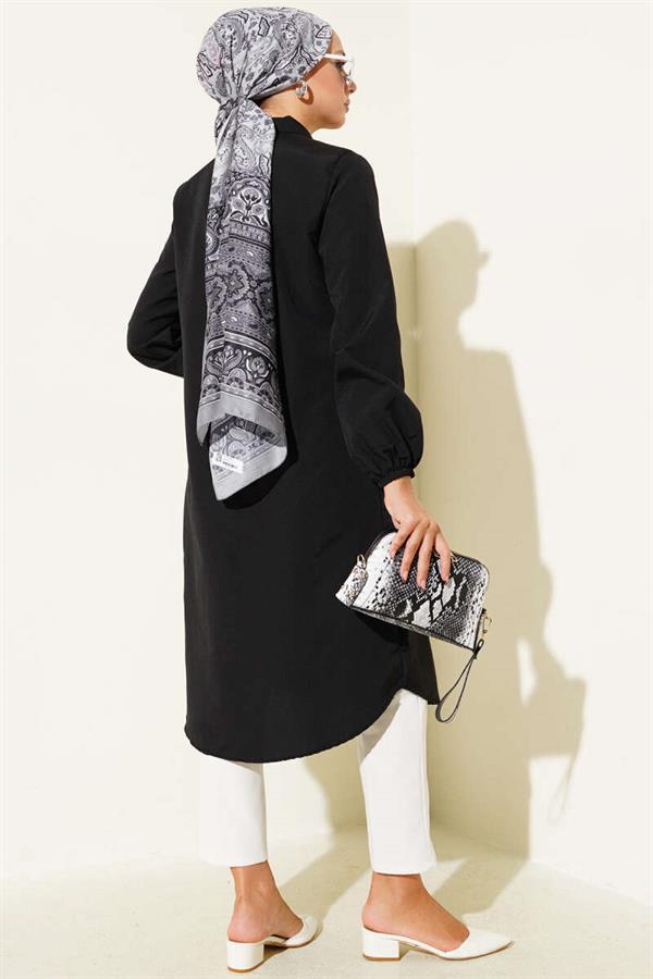 Shirt Collar Single Pocket Long Shirt Black