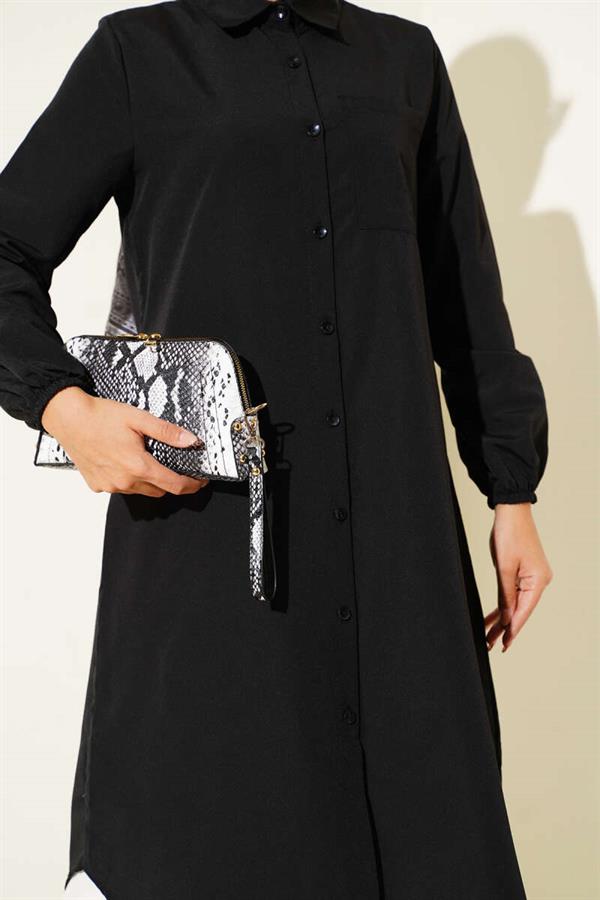 Shirt Collar Single Pocket Long Shirt Black
