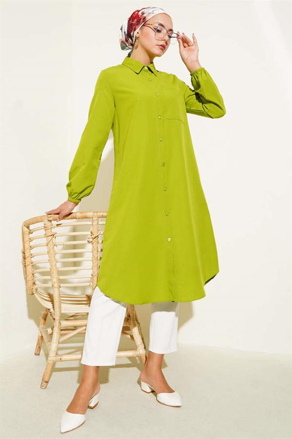 Shirt Collar Single Pocket Long Shirt Green