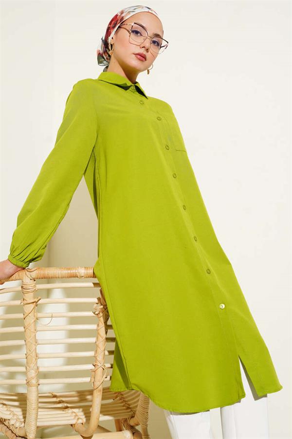 Shirt Collar Single Pocket Long Shirt Green