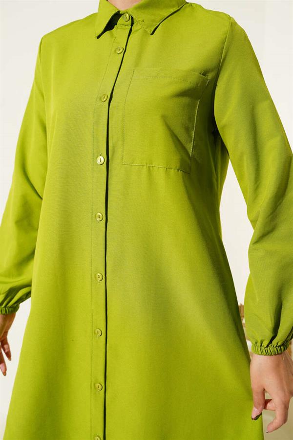 Shirt Collar Single Pocket Long Shirt Green
