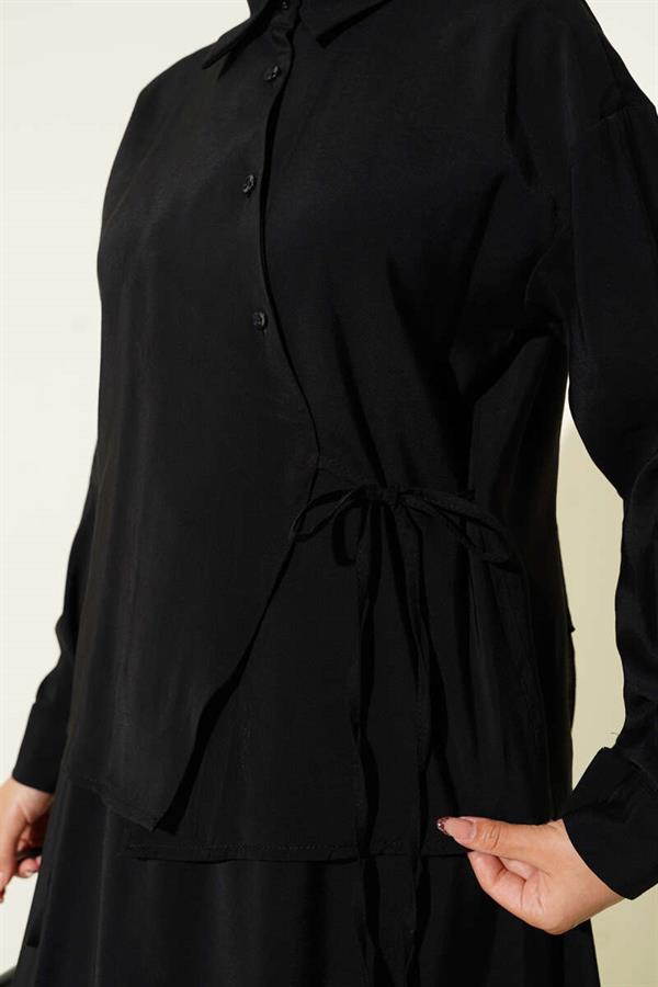 Shirt Collar Side Tie Skirted 2 Piece Set Black