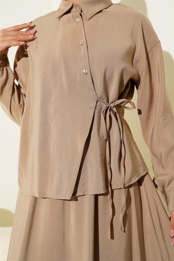 Shirt Collar Side Tie Skirted 2 Piece Set Latte