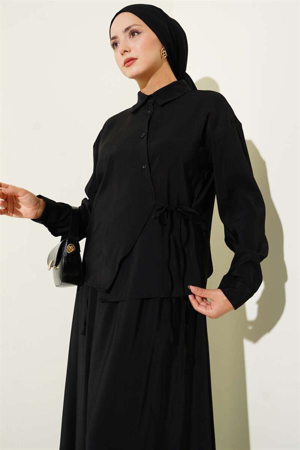 Shirt Collar Side Tie Skirted 2 Piece Set Black