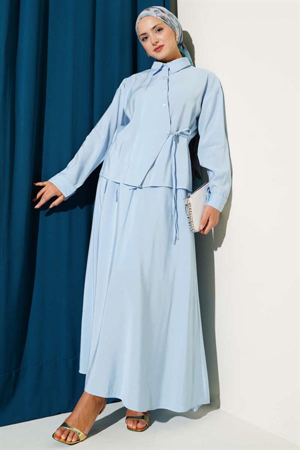 Shirt Collar Side Tie Skirted 2 Piece Set Blue