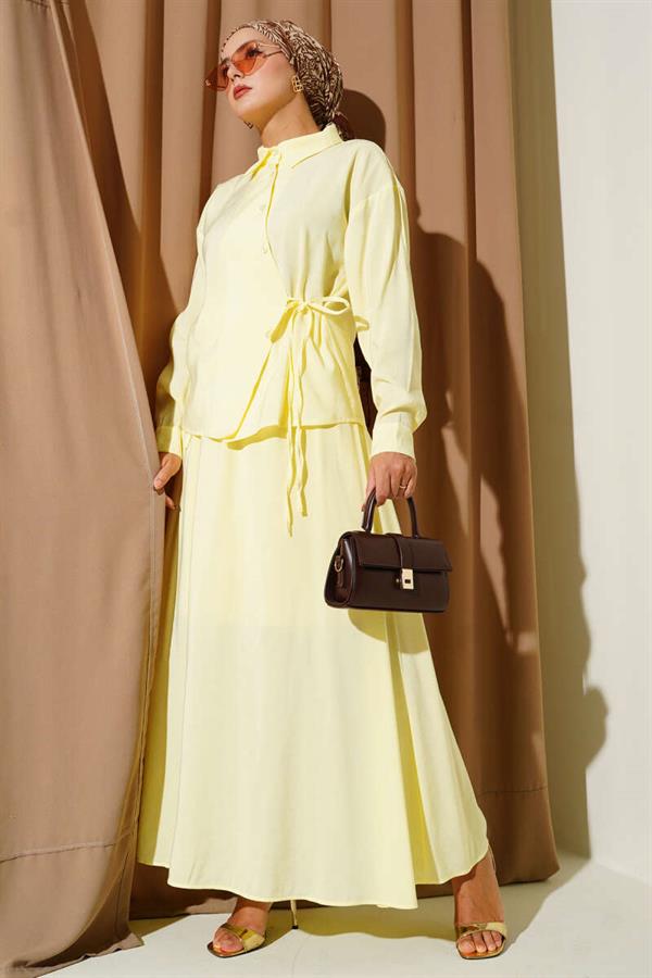Shirt Collar Side Tie Skirted 2 Piece Set Yellow