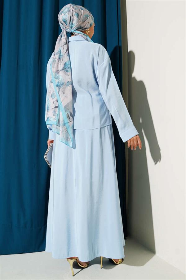 Shirt Collar Side Tie Skirted 2 Piece Set Blue
