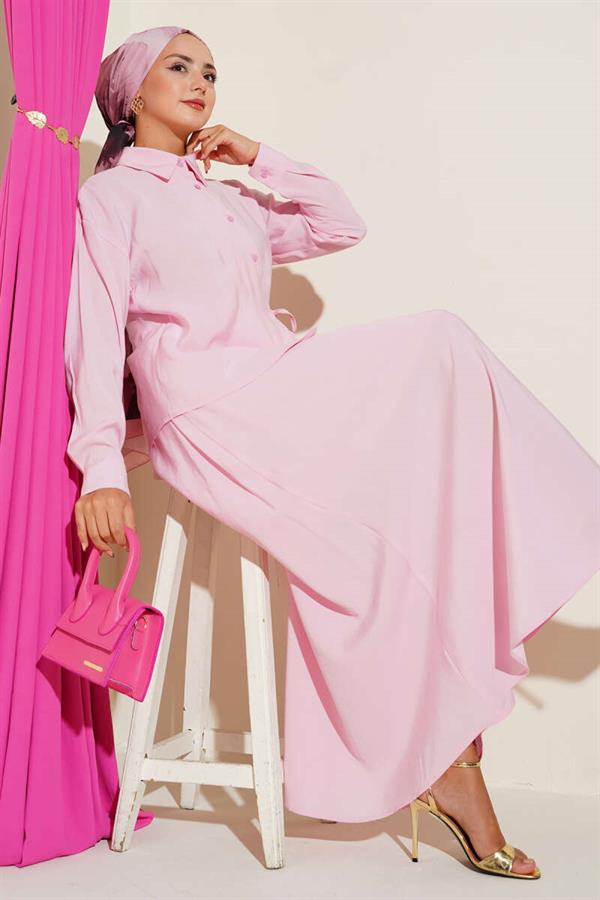 Shirt Collar Side Tie Skirted 2 Piece Set Pink