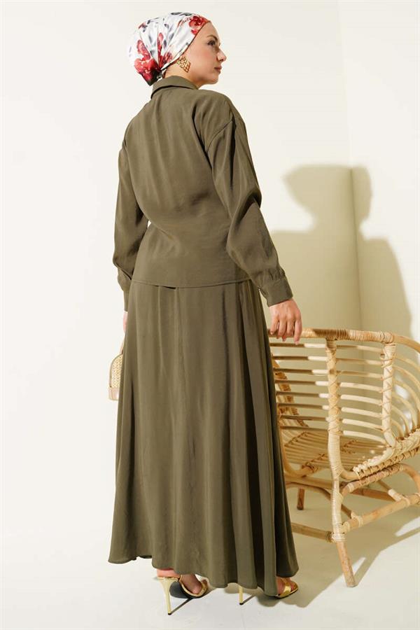 Shirt Collar Side Tie Skirted 2 Piece Set Khaki