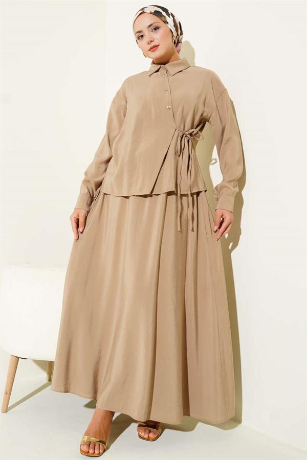 Shirt Collar Side Tie Skirted 2 Piece Set Latte