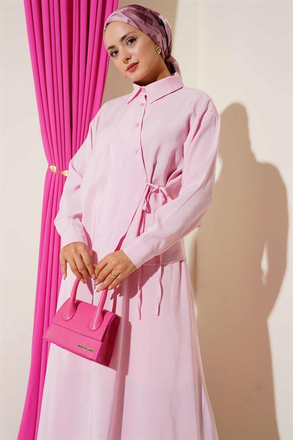 Shirt Collar Side Tie Skirted 2 Piece Set Pink