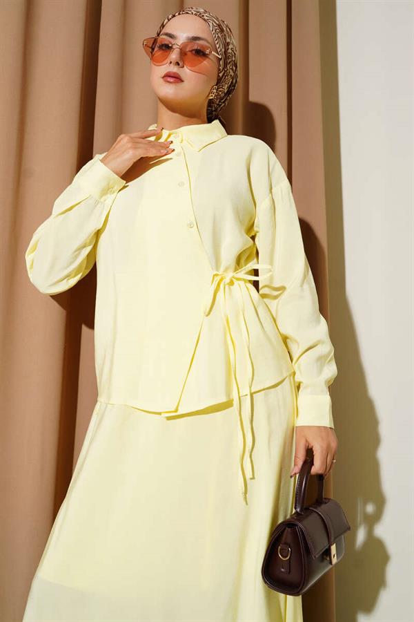 Shirt Collar Side Tie Skirted 2 Piece Set Yellow