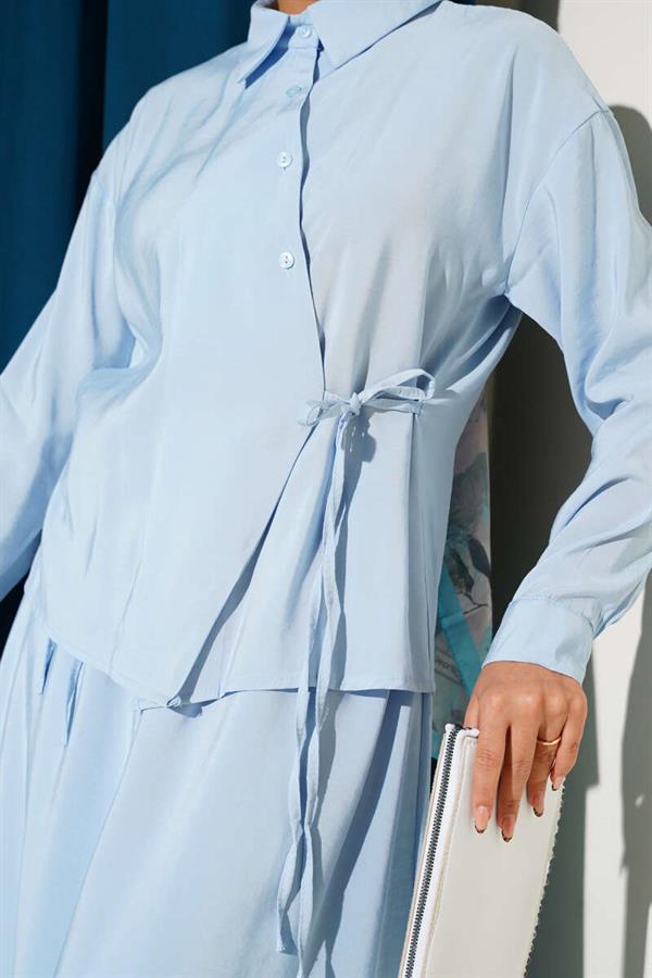 Shirt Collar Side Tie Skirted 2 Piece Set Blue