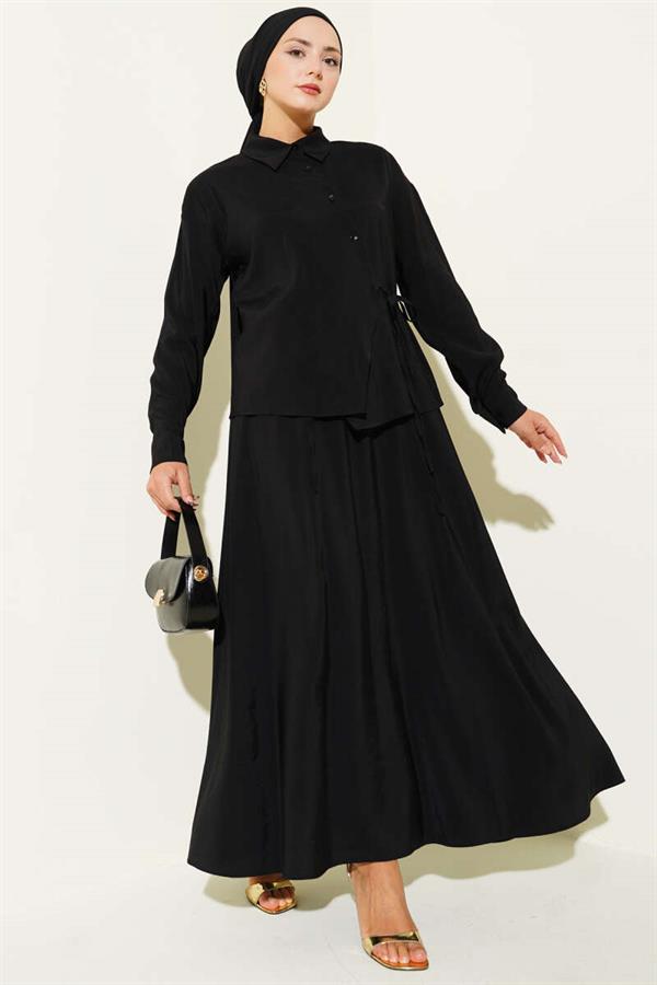 Shirt Collar Side Tie Skirted 2 Piece Set Black