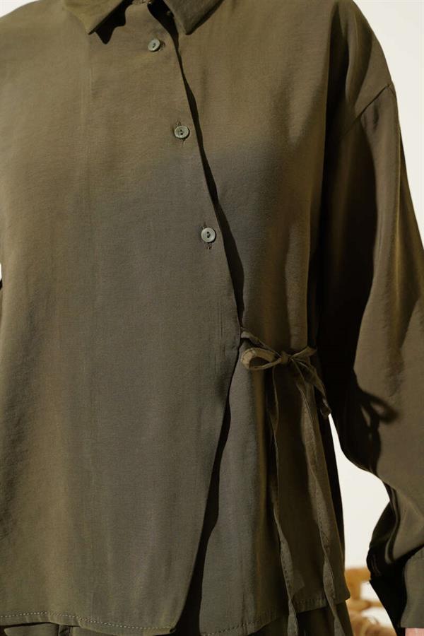 Shirt Collar Side Tie Skirted 2 Piece Set Khaki