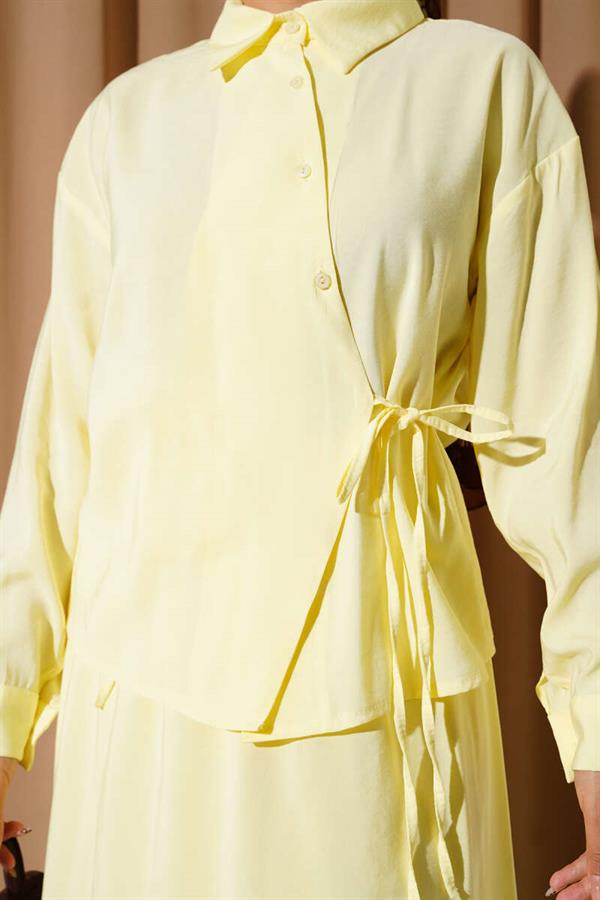 Shirt Collar Side Tie Skirted 2 Piece Set Yellow