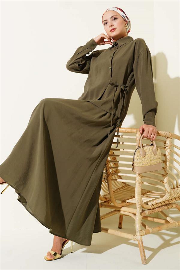 Shirt Collar Side Tie Skirted 2 Piece Set Khaki