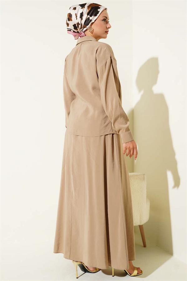 Shirt Collar Side Tie Skirted 2 Piece Set Latte