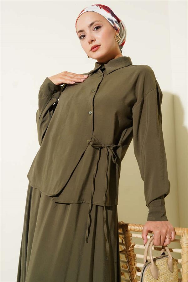 Shirt Collar Side Tie Skirted 2 Piece Set Khaki