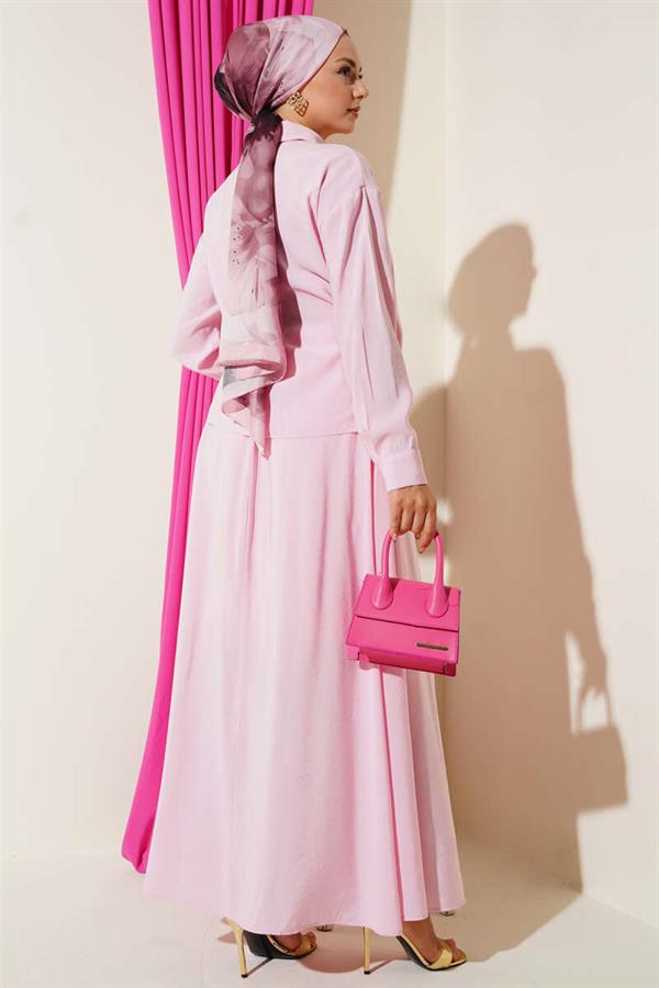 Shirt Collar Side Tie Skirted 2 Piece Set Pink