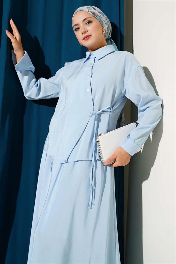 Shirt Collar Side Tie Skirted 2 Piece Set Blue
