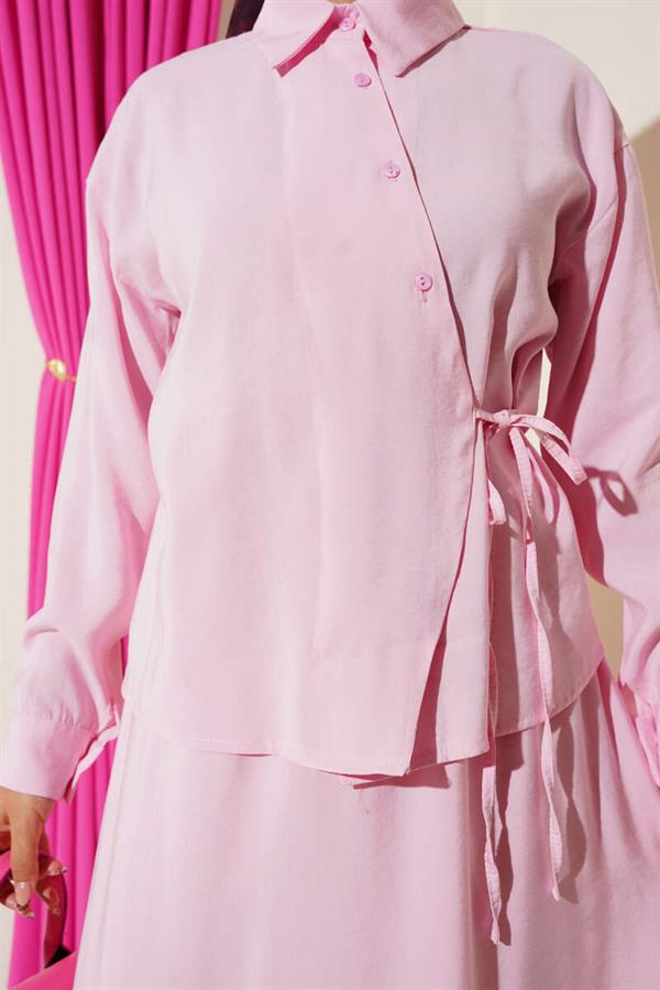 Shirt Collar Side Tie Skirted 2 Piece Set Pink