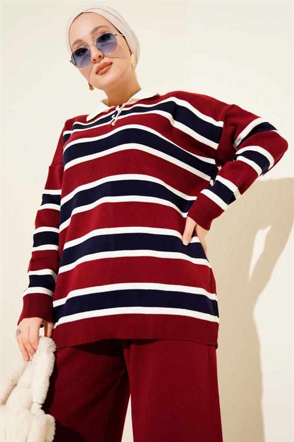 Shirt Collar Horizontal Striped Knitwear 2 Piece Set Burgundy
