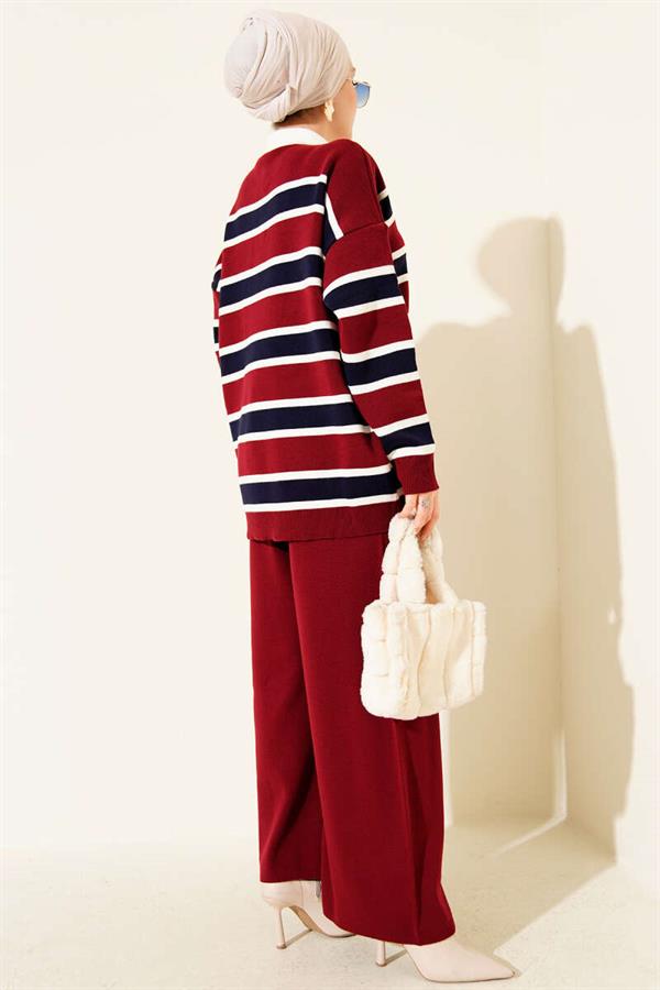 Shirt Collar Horizontal Striped Knitwear 2 Piece Set Burgundy