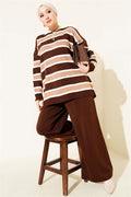 Shirt Collar Horizontal Striped Knitwear 2 Piece Set Brown