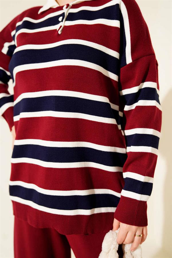 Shirt Collar Horizontal Striped Knitwear 2 Piece Set Burgundy