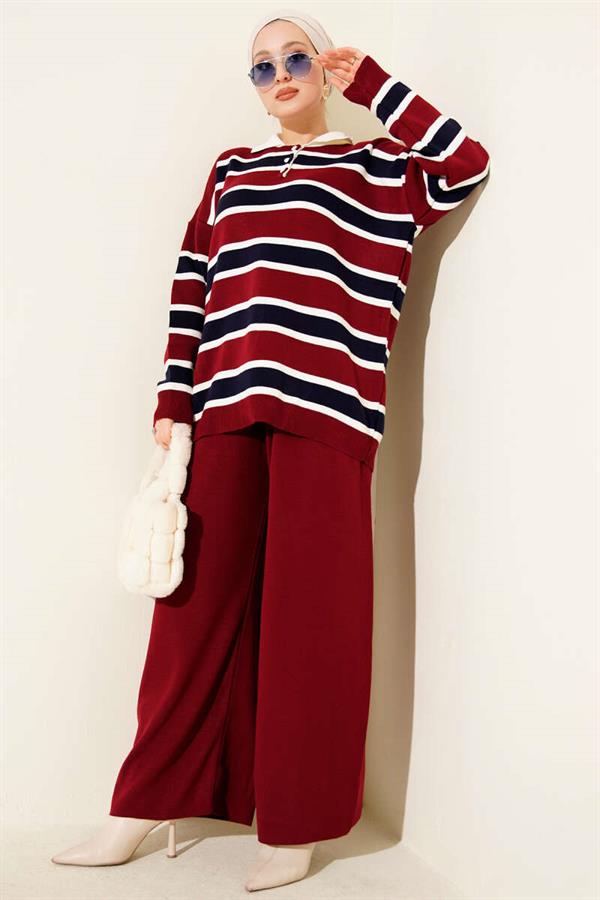 Shirt Collar Horizontal Striped Knitwear 2 Piece Set Burgundy